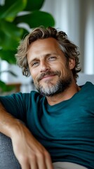 Mature Caucasian man with gray beard and wavy hair smiling warmly at camera while relaxing at home. Natural lighting and green plant background create welcoming atmosphere.