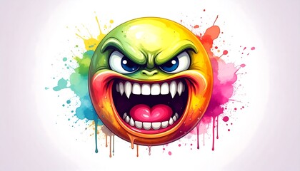 Dynamic angry emoticon with vibrant watercolor splashes isolated on white