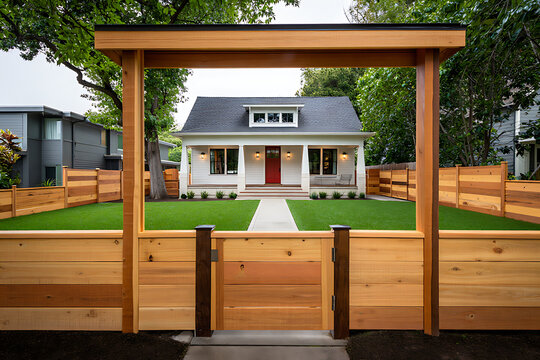 A charming suburban home welcomes with a warm wooden gate, inviting you to discover its manicured lawn, crisp white exterior, and inviting red door, promising a cozy living experience, hyh (125)