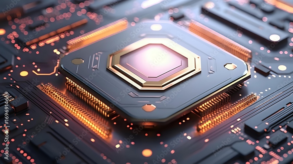 Poster glowing hexagonal processor core on dark circuit board with orange light effects and electronic comp