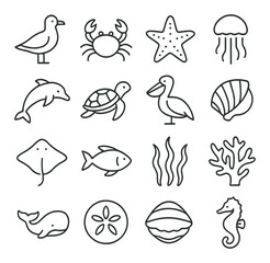 Marine life linear icon set. featuring seagull, crab, starfish, jellyfish, dolphin, turtle, pelican, shell, and coral symbols