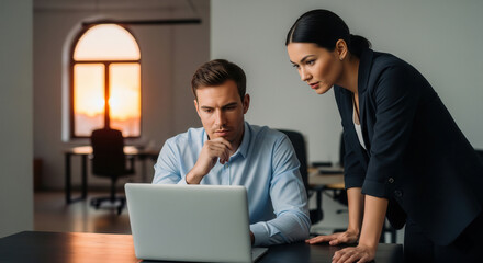 Two focused professionals analyze data on a laptop in a modern office at sunset, planning decisions, strategy, and next steps.