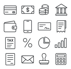 Finance and banking linear icon set. featuring credit card, cash, coins, bank, wallet, phone, check, invoice symbols