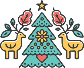 Fototapeta premium Stylized Christmas Tree with Reindeer and Ornaments