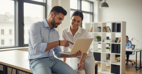 Two colleagues reviewing work on a laptop, smiling and discussing ideas in a modern open office with shelves and large windows.