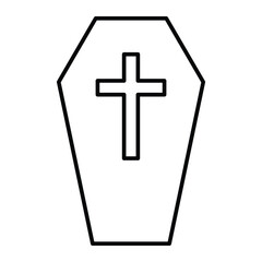 Obraz premium Coffin with cross vector icon. Black outline funeral casket symbol. Death, burial, and memorial design element.