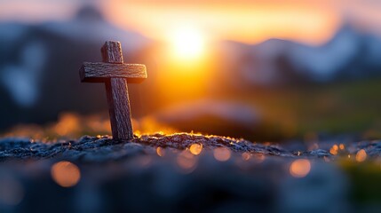 Wooden cross on rocky ground at sunset with golden bokeh lights and mountain silhouettes in background, spiritual scene for faith and religion concepts.