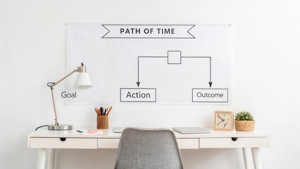 Creative Workspace with Flowchart on Wall for Goal Achievement