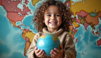 Joyful child with curly hair holds globe against colorful world map background. Young girl in brown sweater smiles brightly, expressing innocence, curiosity about geography, global environment.