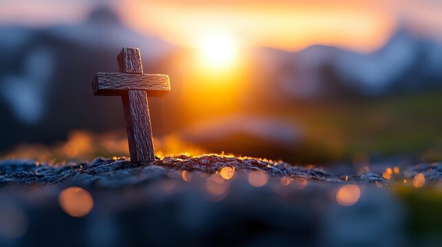 Wooden cross on rocky ground at sunset with golden bokeh lights and mountain silhouettes in background, spiritual scene for faith and religion concepts.
