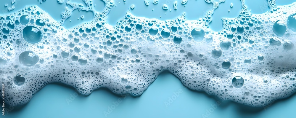 Poster soap foam and bubbles on blue background, panoramic banner format. white cleaning detergent suds tex