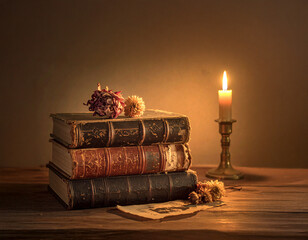 Vintage Books with Dried Flowers and Candle on Wooden Table