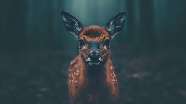 Young spotted deer fawn with large ears looking directly at camera in dark moody forest setting, dramatic lighting highlights facial features and white spots.