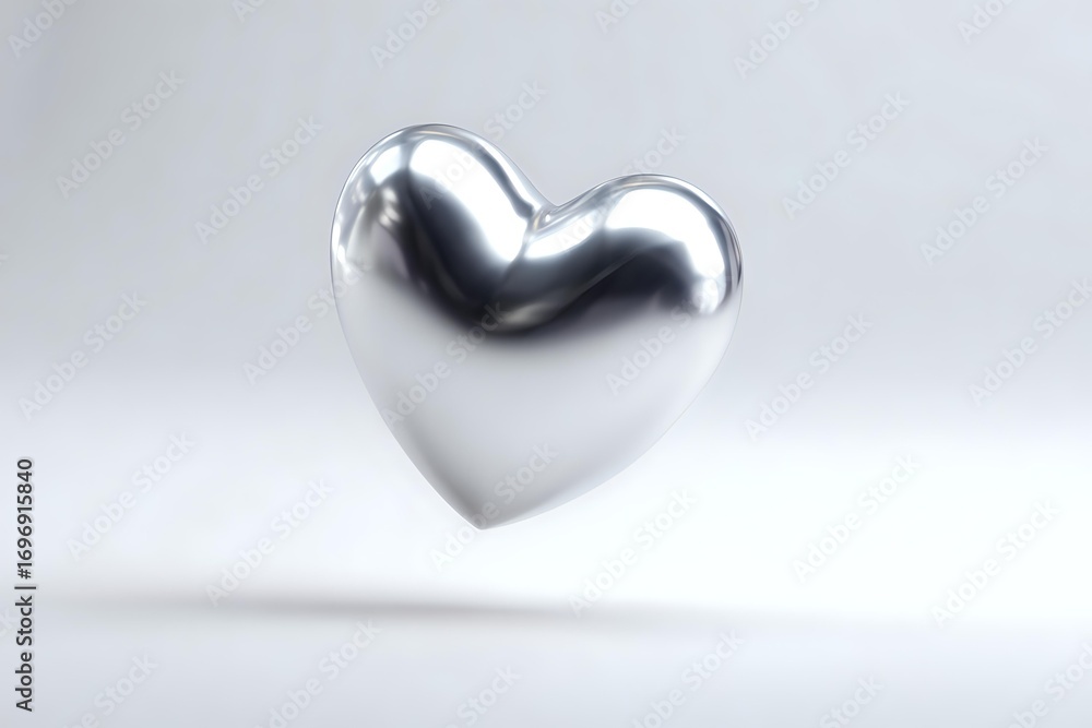 Aufkleber floating metallic heart shape with reflective silver surface against soft white background, creating
