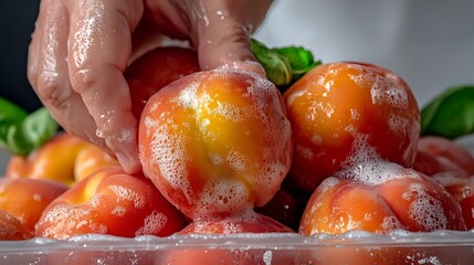 Fresh ripe tomatoes being washed under running water with soap bubbles and foam, close up view showing texture and water drops on red vegetables.