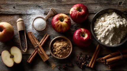 A flat lay of pie ingredients with red apples, cinnamon, cloves, and sugar, scattered across a reclaimed wood surface, soft vignette, copy space