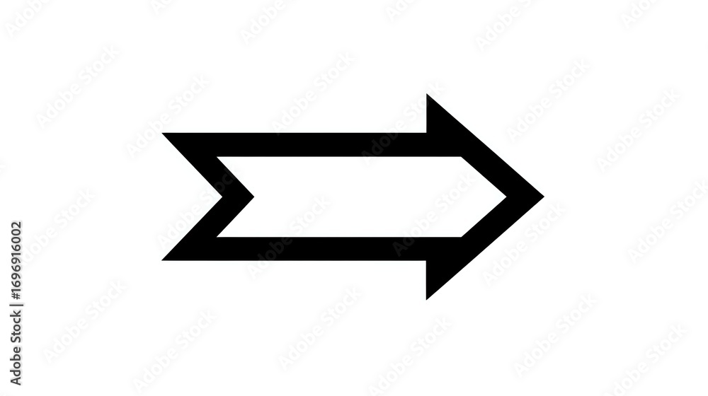 Poster Black geometric arrow pointing right with bold outline and angular design on white background, isolated element for graphic design and navigation symbols.