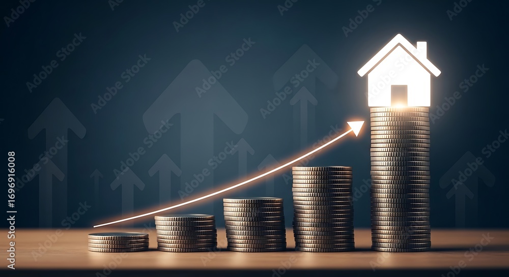 Poster rising stack of coins with house on top and upward arrow graph