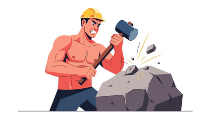 Unleashing Force: A determined construction worker in a hard hat wields a hammer, striking a rock with powerful force, showcasing dedication and the strength of labor.