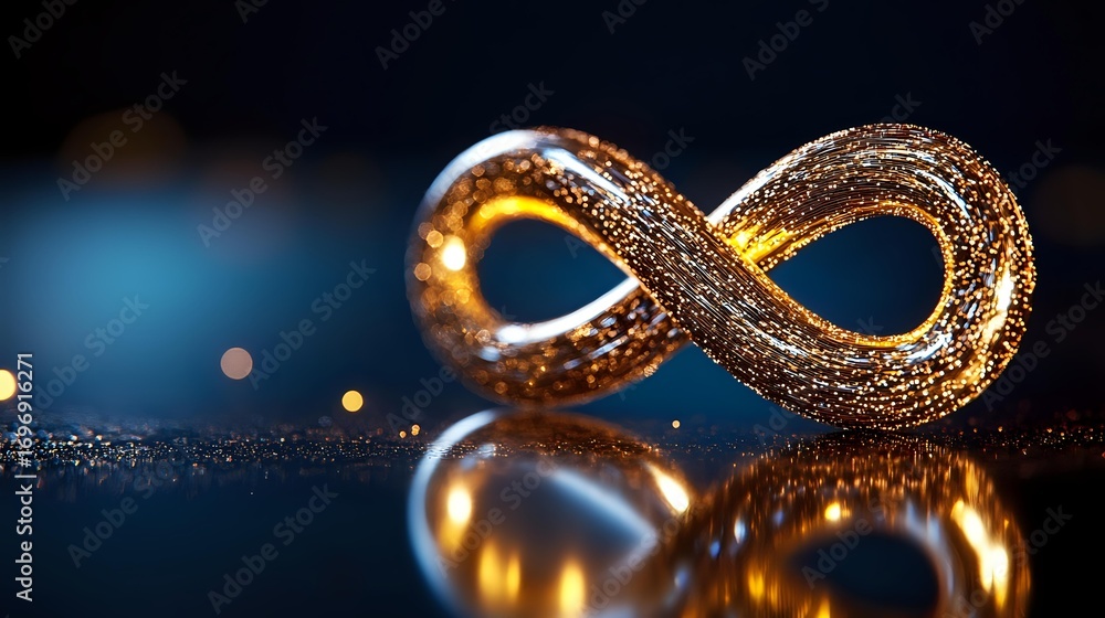 Aufkleber golden infinity symbol with glitter sparkles on dark background with reflection, magical light bokeh