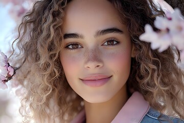 Fototapeta premium Young mixed race woman with natural curly hair smiling gently against pink spring blossom background, soft beauty portrait showcasing natural freckles and glowing skin.