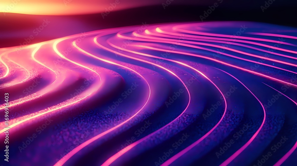 Poster glowing neon waves with pink and blue light trails creating dynamic curved lines against dark backgr