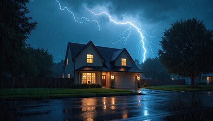 Powerful lightning strike illuminates suburban neighborhood during a nighttime thunderstorm. Heavy rain reflects on wet street asphalt outside a residential building. Dramatic natural energy display.