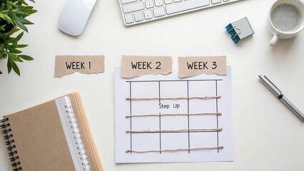 Monthly Goal Plan with Weeks and Progress Tracker on Desk
