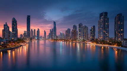 Fototapeta premium Immersive Skyscraper Reflections Over Water in Metropolitan Cityscape – Luminous Urban Visual for Digital Wellness and Metaverse Branding
