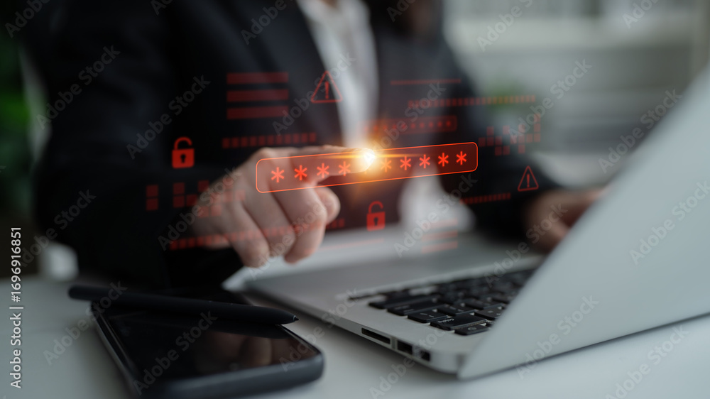 Poster password security breach warning with red asterisk box, cybersecurity alert, lock icons, and critica