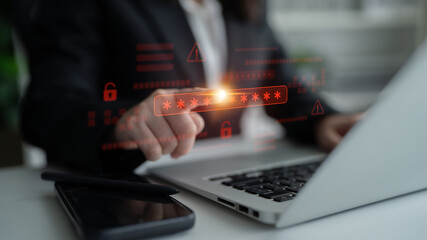 Password security breach warning with red asterisk box, cybersecurity alert, lock icons, and...