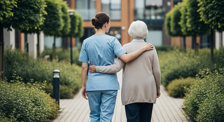 Fototapeta premium Healthcare worker with elderly woman on sunny path, senior support concept for eldercare advertising, hospital and clinic websites, senior living facilities, family care services, healthcare brochures