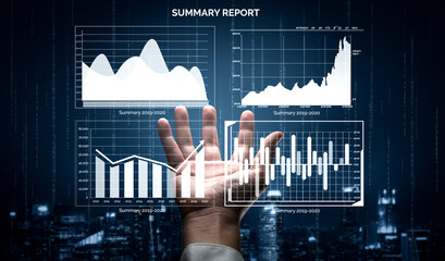 A professional business summary report featuring various graphs and data visualizations displayed...