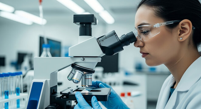 Female scientist analyzing slide with microscope in laboratory research facility for medical diagnostics study