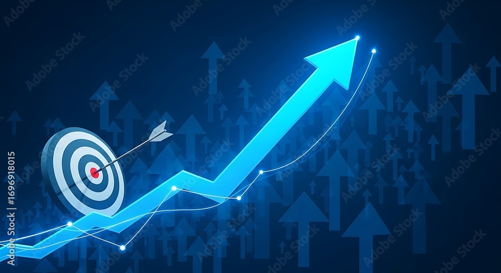 Poster blue arrow graph showing upward trend with target and arrow in bullseye