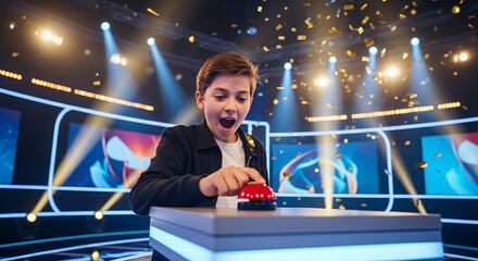 Excited boy pressing red button on quiz game show stage with celebration lights and confetti explosion
