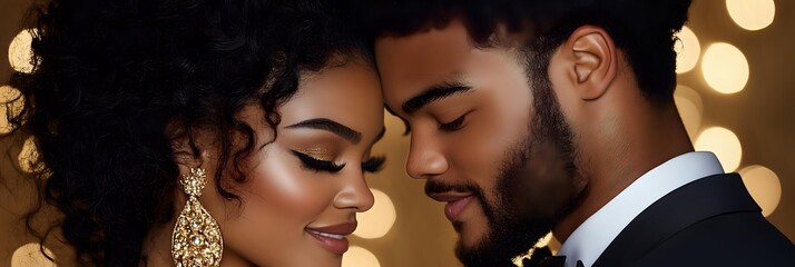 Romantic close up of African American couple in elegant attire against golden bokeh background, showing tender intimate moment with closed eyes and gentle smiles.