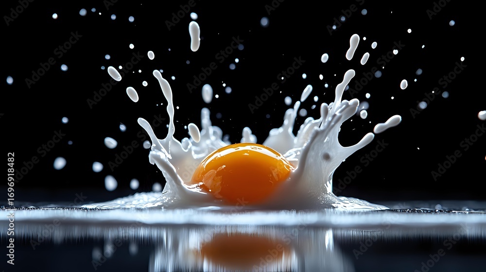 Poster raw egg yolk splashing into white liquid creating dynamic crown splash pattern against dark backgrou