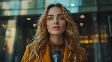 Young Caucasian woman with blonde wavy hair in mustard yellow sweater holding microphone for interview or reporting against blurred urban background with evening city lights.