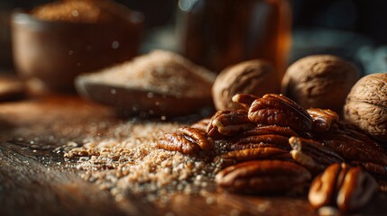 Obraz premium A moody kitchen aesthetic: pecans, brown sugar, maple syrup, and cracked wheat, soft spotlight