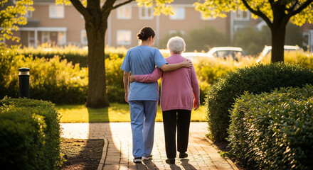 Healthcare worker with elderly woman on sunny path, senior support concept for eldercare advertising, hospital and clinic websites, senior living facilities, family care services, healthcare brochures