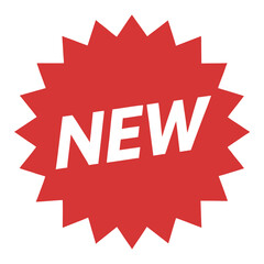 a bright red starburst shaped badge with the word NEW