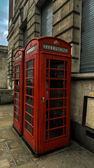 Obraz premium Editorial image of two traditional red British telephone boxes standing side by side on a London street against a historic stone building.