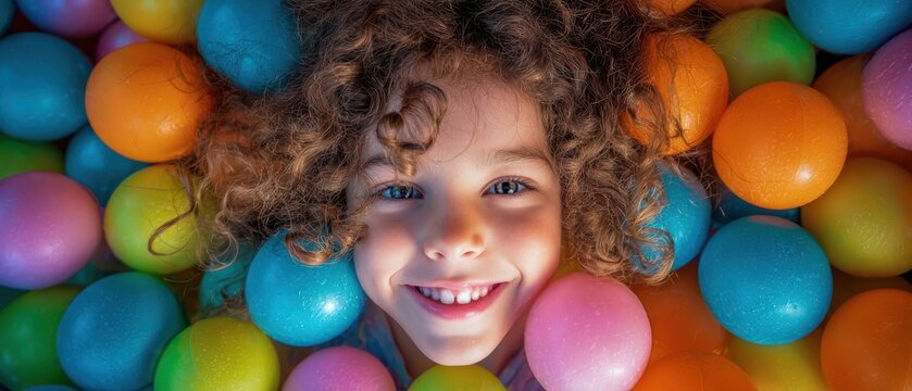 The girl surrounded by colorful plastic balls smiling in a joyful ball pit