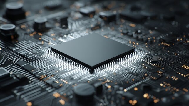 Stunning close-up of a modern computer processor chip glowing with intricate circuit board details and vibrant digital energy, representing innovation and technology