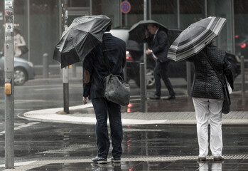 Rainy City Street with People Holding Umbrellas – Urban Lifestyle Photography