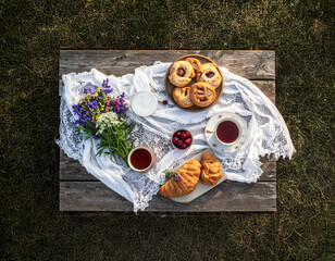 Top-Down View of Rustic Picnic Setup in Meadow with Wicker Basket and Fresh Bread
