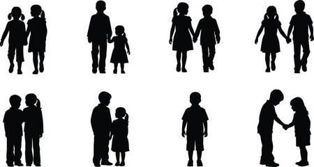 Vector silhouette of children together, boys and girls holding hands, sibling bond, friendship, childhood connection, family love, support, care, innocence, growing up