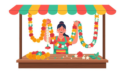 Flower Garland Vendor: A cheerful vendor arranges vibrant flower garlands at a bustling market stall, showcasing the beauty of the blooms and celebrating tradition.