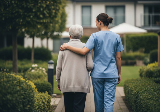 Nurse walking with elderly woman outdoors, symbol of trust and care for healthcare marketing, retirement living brochures, senior care services, health insurance ads, assisted living promotions
